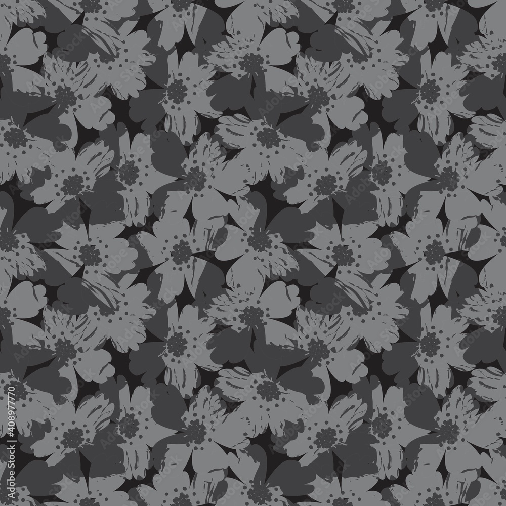 Grey Floral Brush strokes Seamless Pattern Background