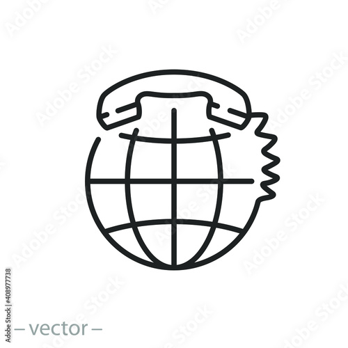 globe with phone icon, customer service support, international talk contact telephone, digital innovation tech, thin line symbol on white background - editable stroke vector illustration eps10