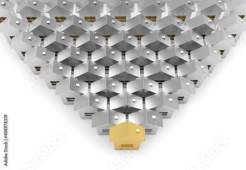 Rows of silver houses with one gold house icon isolated on white. View from above. 3d illustration 