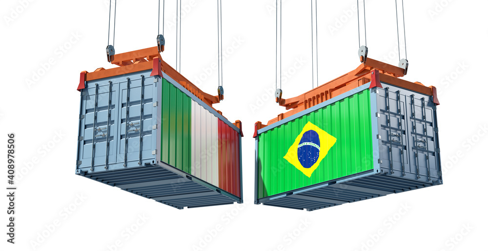 Freight containers with Brazil and Italy flag. 3D Rendering 