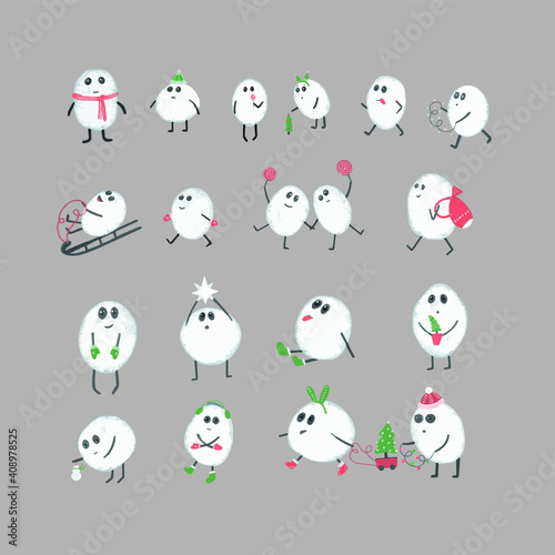 Vector illustration Christmas or New Year set of funny cartoon figures snowballs