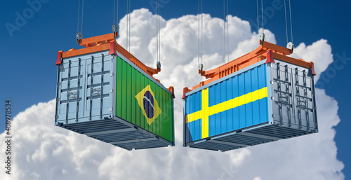 Freight containers with Brazil and Sweden flag. 3D Rendering 