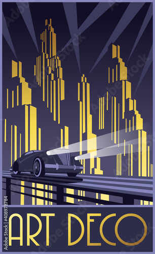 Vettoriale Stock Art Deco Poster, Retro Future Cityscape, Retro Car | Adobe  Stock