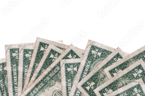 1 US dollar bills lies on bottom side of screen isolated on white background with copy space. Background banner template photo