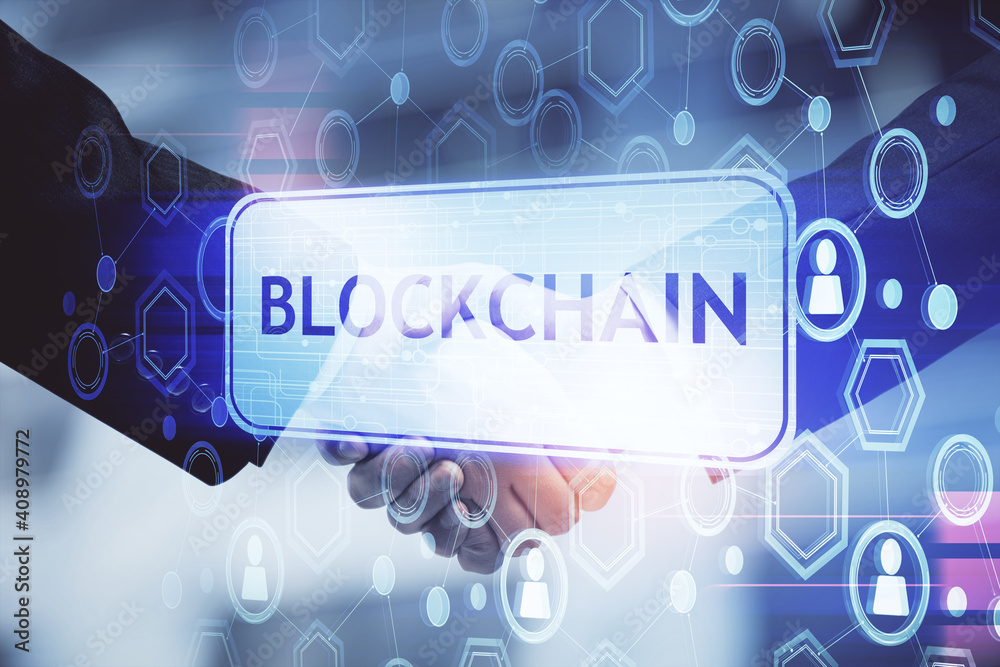 Double exposure of blockchain hologram and handshake of two men. Crypto business concept. Double exposure of blockchain hologram and handshake of two men. Crypto business concept.