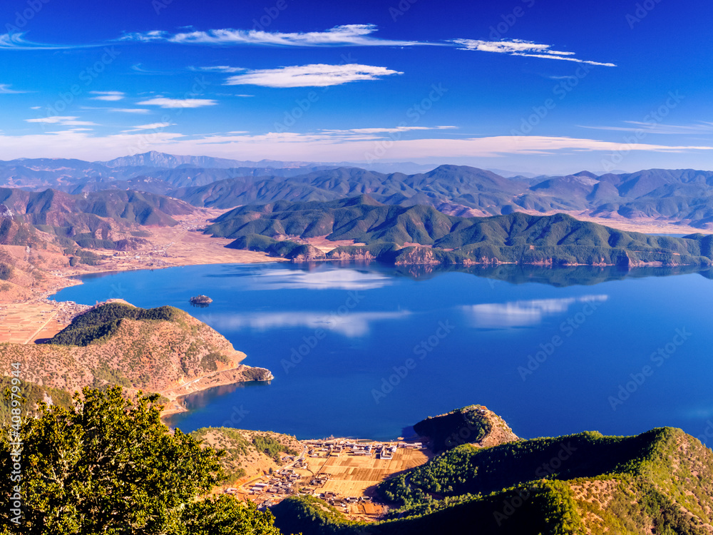 View of Lugu Lake under Blue Sky