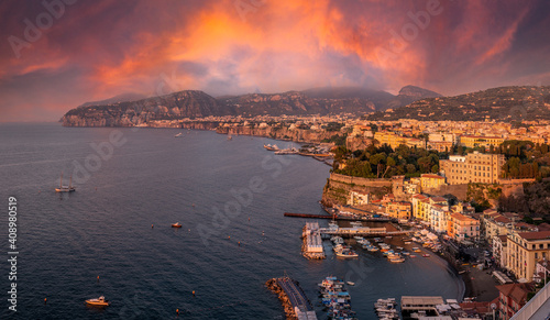 Landscape with Sorrento at sunset time, amalfi coast, Italy