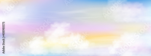 Colour sky with white clouds background, Vector mesh of nature pink, yeloow and orang sky in Summer or spring,Horizon Sunset or sunrise  and fluffy cloud in morning