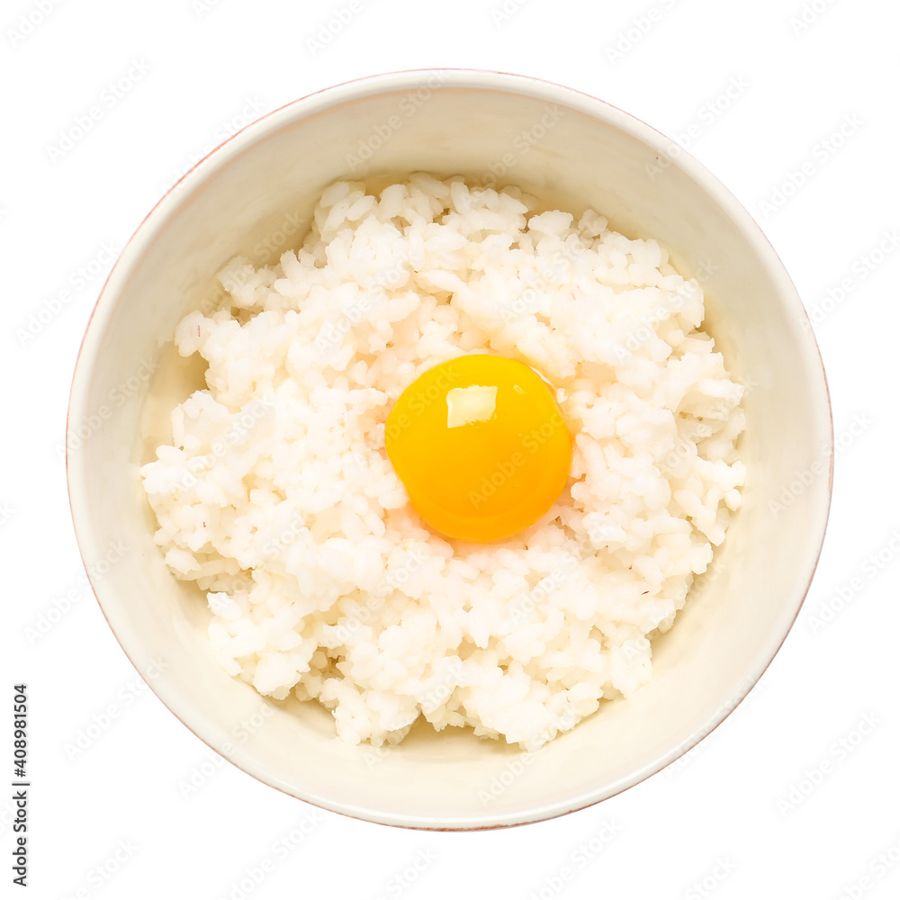 Bowl with tasty egg and rice on white background Bowl with tasty egg and rice on white background