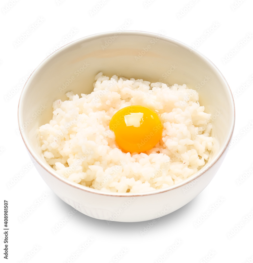 Bowl with tasty egg and rice on white background Bowl with tasty egg and rice on white background