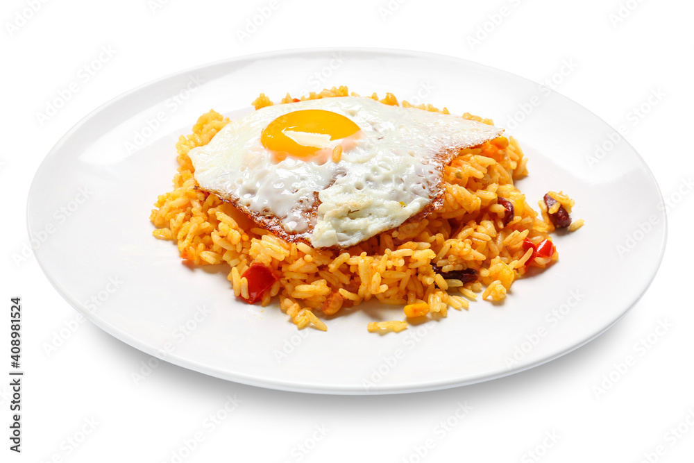 Plate with tasty egg and rice on white background Plate with tasty egg and rice on white background