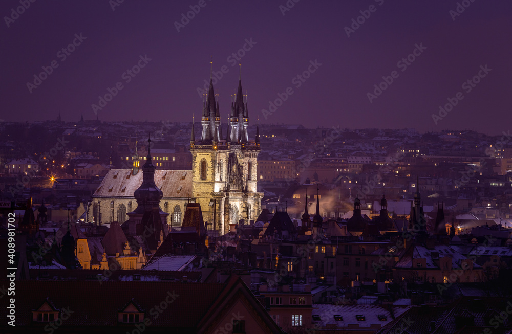 Towers of the Church of Mother of God in front of Tyn, Staromestske namesti, Old town square, Prague, Czech Republic during night.