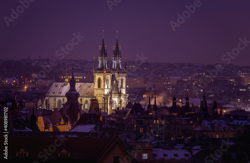 Towers of the Church of Mother of God in front of Tyn, Staromestske namesti, Old town square, Prague, Czech Republic during night.