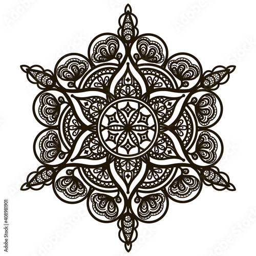 Mandala. Black silhouette on white background. Oriental ornament.  Ethnic pattern as a template for tattoos, henna painting, coloring, placing on surfaces. Antistress.