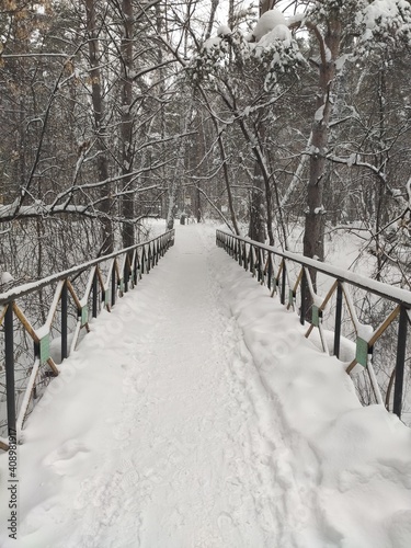 Winter landscape. bridge over the frozen river in the forest.