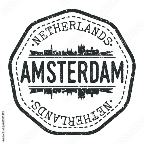 Amsterdam, Netherlands Stamp Skyline Postmark. Silhouette Postal Passport. City Round Vector Icon. Vintage Postage Design.