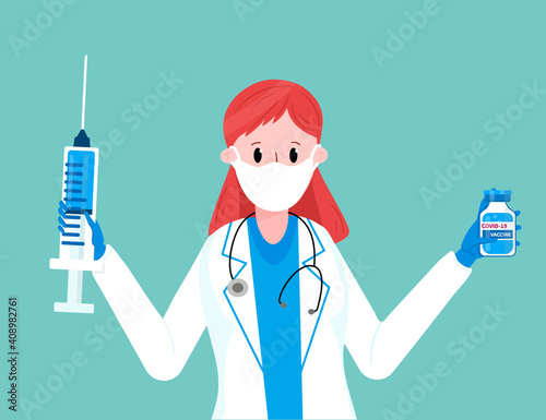 Treatment of Covid-19, bottle of vaccine in doctor hands. White medical professional in protection mask with syringe ready to make injection off corona. Coronavirus Vaccination for immunity health.