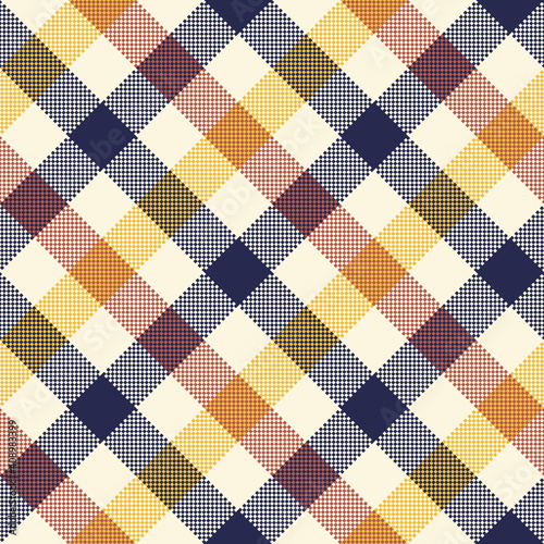 Gingham plaid pattern. Multicolored pixel vichy check background for skirt, dress, shirt, or other modern spring, summer, autumn fabric design. Seamless textile print.