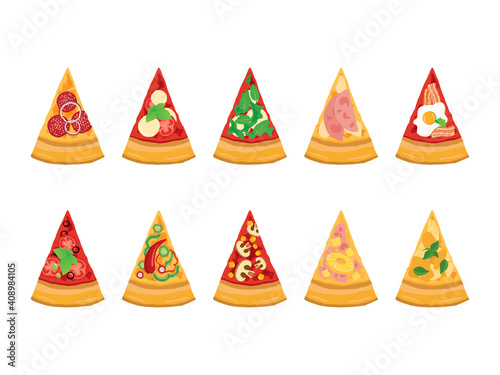 Different kinds of pizza slices top view icon vector. Pizza variations icon isolated on a white background. Slice of pizza vector