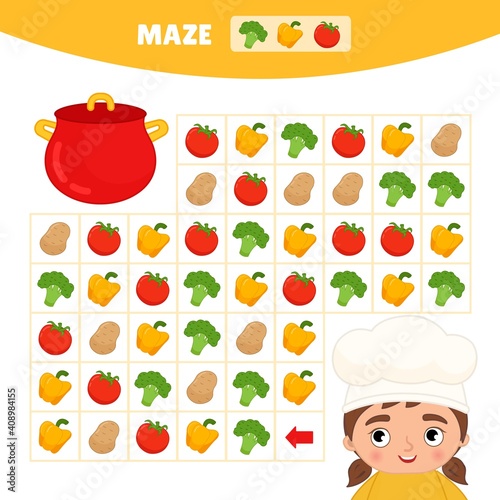 Maze game for children. Help the cook make vegetable soup.
