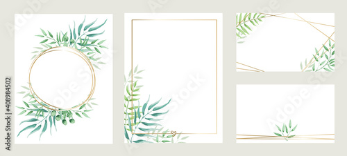 Green leaves -- set of templates for invitations. Three Vector illustration, frame, backgrounds with design element in watercolor style.	