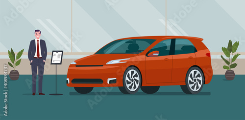 A male car dealer sells an car in a car dealership. Vector illustration.