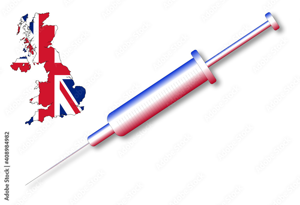 A covid-19 vaccine syringe in red, white and blue, with a small UK map, on a white background A covid-19 vaccine syringe in red, white and blue, with a small UK map, on a white background