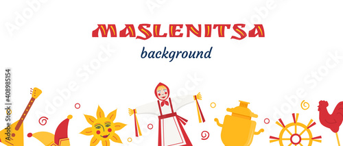 Web Banner for Pancake week. Russian inscription Maslenitsa. Doll Scarecrow in ethnic dress. Background for Spring Festival. Slavic Holiday Shrovetide Vector backdrop with place for text on white
