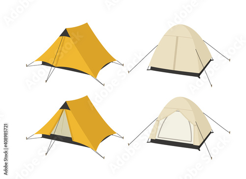 Vector illustration of two tents in an open and closed state. Hand-drawn set isolated on white. Suitable for illustrating things for travel, camping gear stores, an illustration of nature tourism.