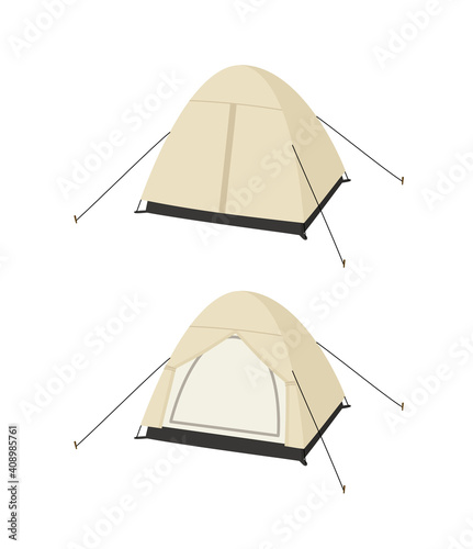Vector illustration of a beige tent in an open and closed state. Hand-drawn set isolated on white. Suitable for illustrating things for travel, camping gear stores, an illustration of nature tourism.