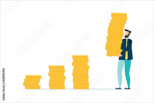 Compound interest effect, high return investment stock market or growth and prosperity economic concept, businessman investor holding high stack of dollar money coins to put as growth compound graph.