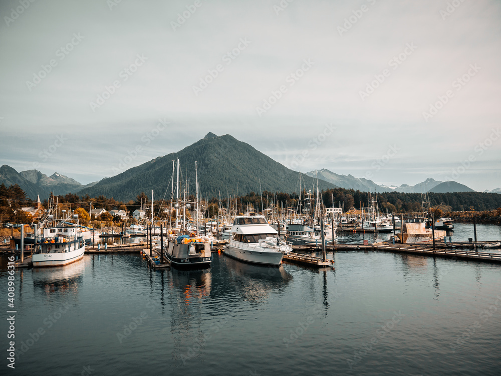 View Of Sitka Alaska Boats and Buildings from the Water with Mountain Background