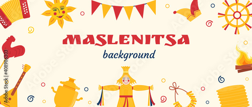 Web Banner for Maslenitsa Pancake week. Doll in ethnic dress with head from straw. Samovar, balalaika, bayan, folk sun. Poster Russian Winter Festival. Slavic Holiday Shrovetide. Vector illustration.