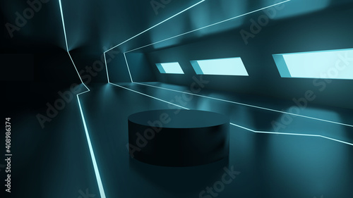 Neon podium or pedestal for product display showcase presentation template. abstract blue neon futuristic sci-fi style interior design realistic vector