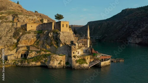 Aerial view of Sunken City Halfeti in Sanliurfa. 4K Footage in Turkey photo