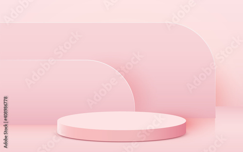 Abstract scene background. Cylinder podium on pink background. Product presentation, mock up, show cosmetic product, Podium, stage pedestal or platform.