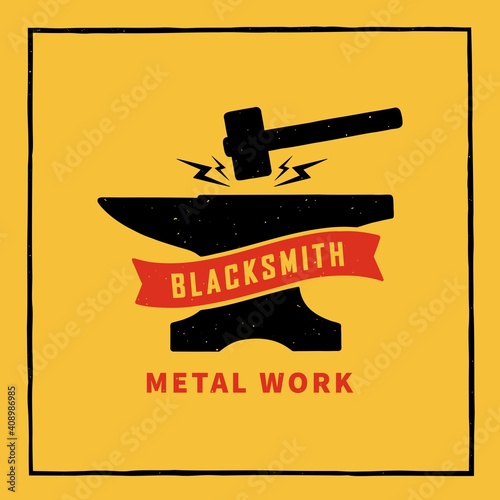 Colored illustration of hammer, lightning, anvil, ribbon with text on a background with texture. Vector illustration in vintage style for print, emblem, banner. Metal works. Forge symbol.