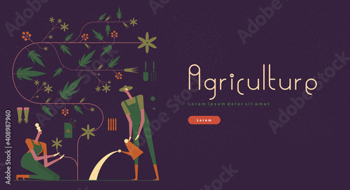 Garden, Agriculture. People are engaged in agriculture, gardening and farming. Ornament from flowering plants. Lettering, poster. Vector illustration.