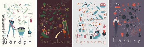 Garden, Agriculture. People are engaged in agriculture, gardening and farming. Ornament from flowering plants. Lettering, poster. People grow vegetables, work in the garden. Flat vector illustration.
