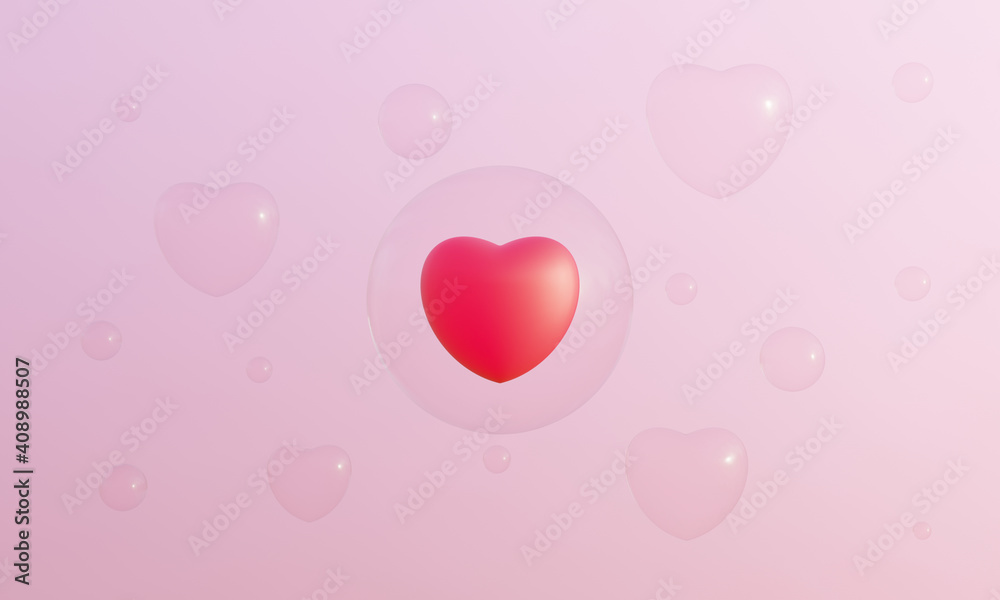 3D rendered red heart and bubbles on pink background. Lovely Valentine.