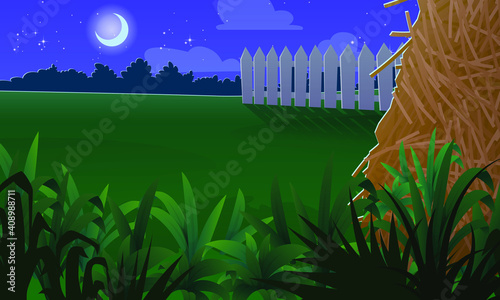 Cartoon backyard background at night. Wooden fence, green garden with grass and hay runoff, forest in the distance. Vector illustration 