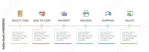 Concept of shopping process with 6 successive steps. Six colorful graphic elements. Timeline design for brochure, presentation, web site. Infographic design layout.
