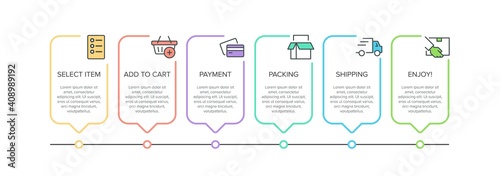 Concept of shopping process with 6 successive steps. Six colorful graphic elements. Timeline design for brochure, presentation, web site. Infographic design layout.