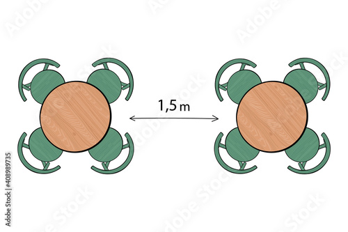 Wooden cafe table and chairs flat vector illustration isolated on white background. .Safe distance during a pandemic. Furniture for outdoor use in restaurant and cafe.