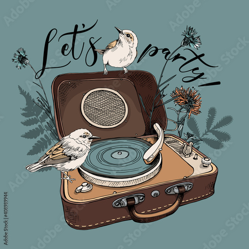 Vintage Gramophone and birds with Herbarium wildflowers, cornflowers, herbs flowers and leaves. T-shirt composition, hand drawn vector illustration.