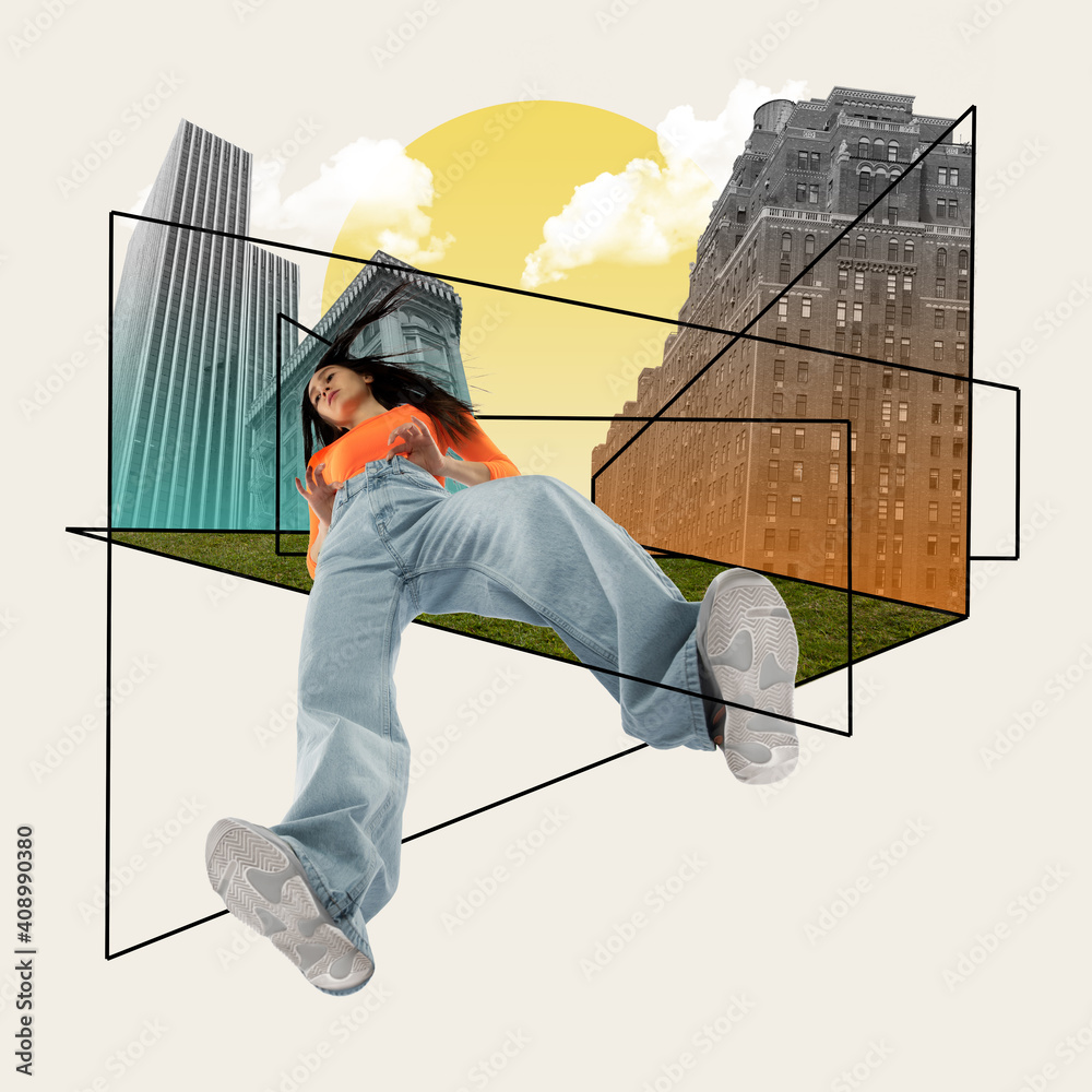 Fototapeta premium Walking like badass. Stylish and fashionable woman, geometric modern design. Contemporary art. Creative conceptual and colorful collage urban styled with cityscape elements, fluid and gradient colors.