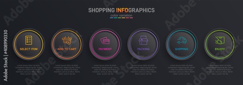 Concept of shopping process with 6 successive steps. Six colorful graphic elements. Timeline design for brochure, presentation, web site. Infographic design layout.