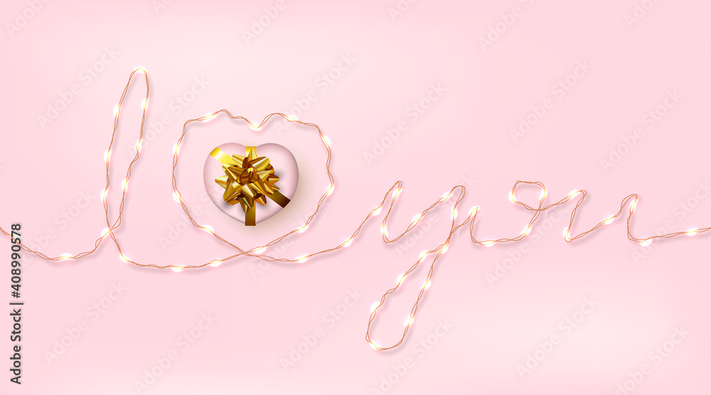 I love you words. Happy Valentine’s Day. Abstract love symbol made of string lights.