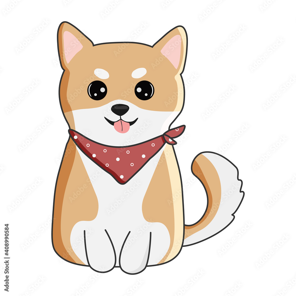 Cute cartoon shiba inu  with red scarf, isolated on white background. Great for icon, symbol, card, children's book