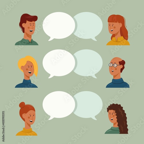 Vector illustration, flat style, people talk. 6 people, male and female with thoughts together on a green background, vector